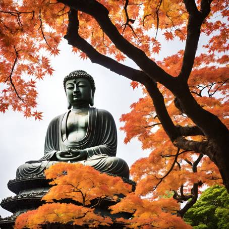 The Timeless Beauty of Great Buddha Daibutsu and Autumn Foliage at Kotoku in Temple