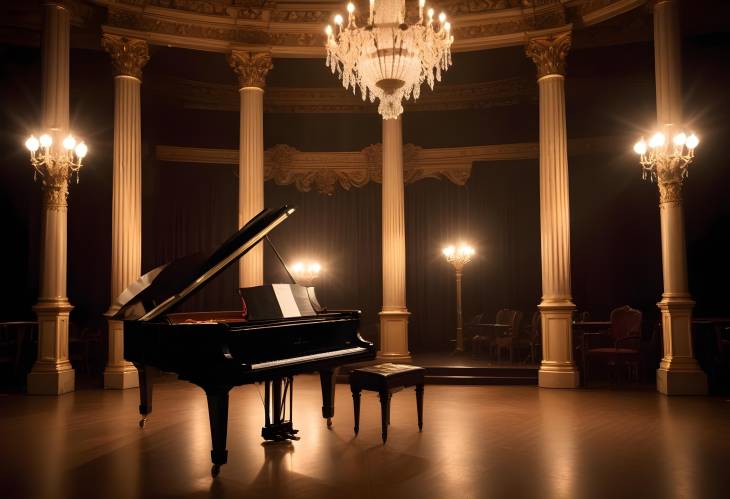 Theatrical Stage with Decorative Columns, Backstage, and an Old Grand Piano Lit by Stage Lights