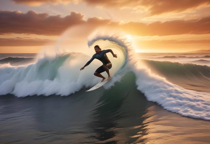 Thrilling Sunset Surfing Dynamic Action of Surfer Riding a Giant Wave