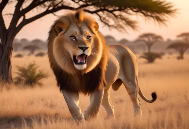 Thrilling Wildlife Encounter with a Lion Roaring Majestically in the African Savanna at Sunrise