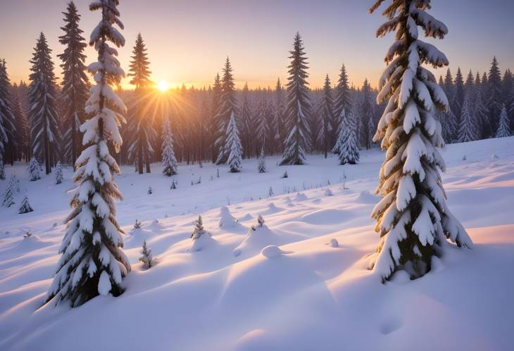 Thuringian Forest Snowy Norway Spruce at Sunset