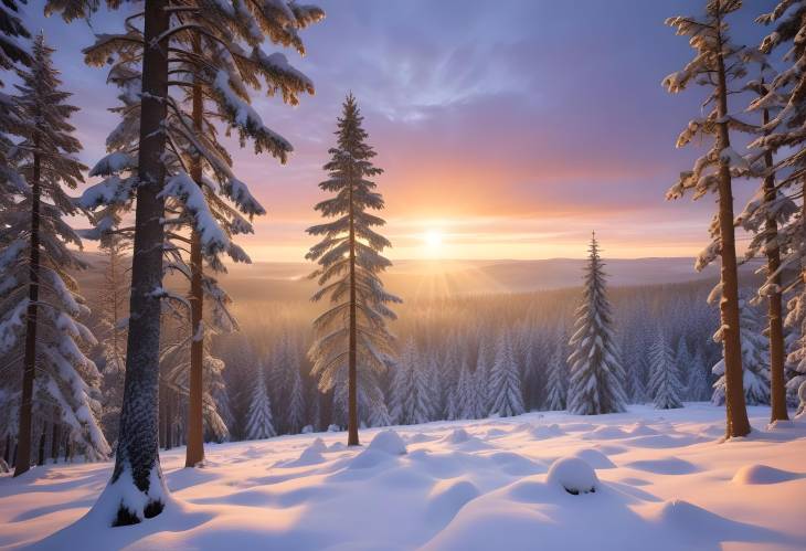 Thuringian Forest Snowy Norway Spruce Sunset View