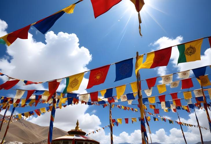 Tibetan Prayer Flags with Mantra Floating in the Sky Symbolizing Spirituality and Cultural Tradition