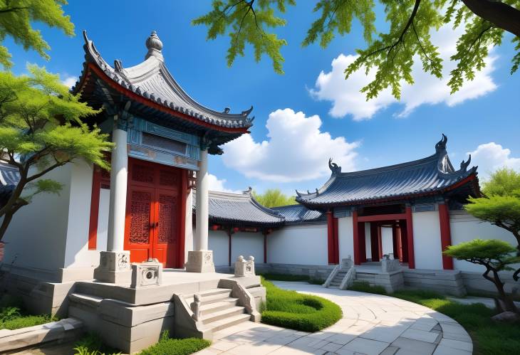 Timeless Beauty Ancient Chinese Garden with Blue Skies and White Clouds