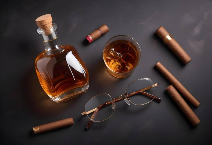 Timeless Scotch Whiskey Bottle, Cigar, and Glasses Flat Lay