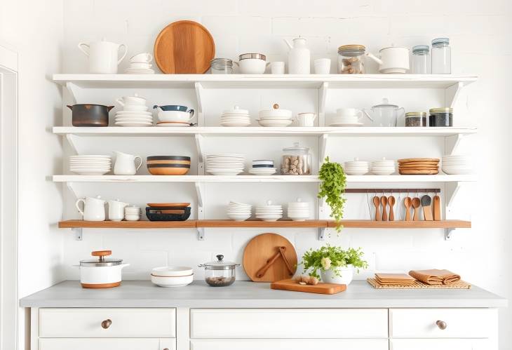 Timeless Style White Kitchen Shelves with Rustic Touches