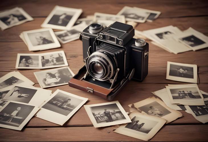 Timeless Vintage Camera on Wooden Table Surrounded by Classic Old Photographs