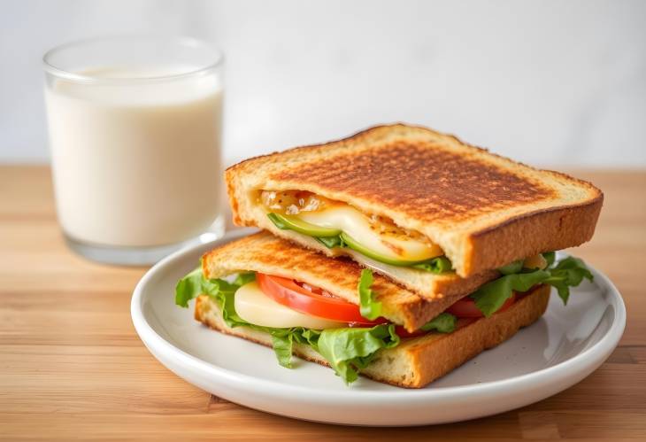 Toasted Cheese and Vegetable Sandwich Served with a Glass of Cold Milk