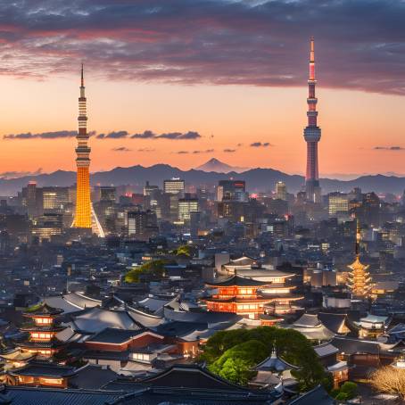 Tokyo Skyline at Night with Senso ji  Sky tree