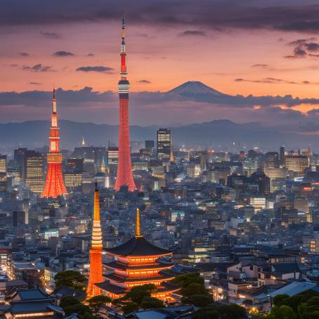 Tokyo Skyline with Senso ji  Sky tree at Dusk