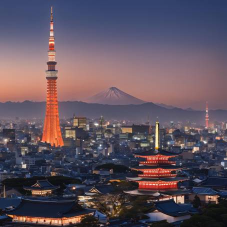 Tokyo Twilight Landmarks Senso ji Temple  Sky tree