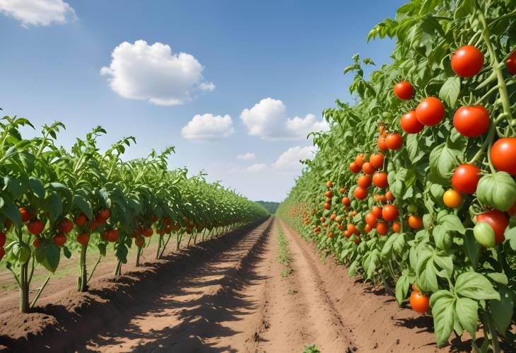 Tomato Field Under Bright Summer Sky Rows of Ripe Red Tomatoes Ready for Picking