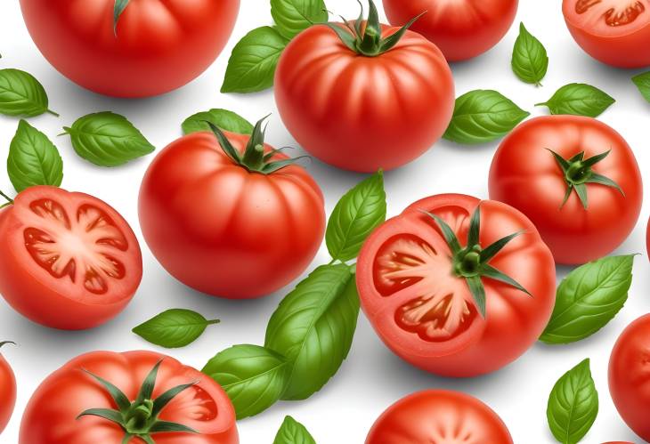 Tomato Isolated on White Background Whole, Half, and Basil Leaves with Clipping Path