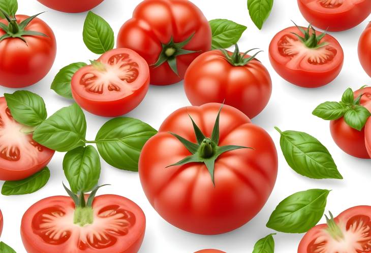 Tomato Isolated Whole, Half, and Green Basil Leaves on White Background  Clipping Path and Full