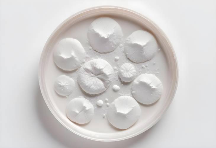 Top Down Laboratory View of Calcium Carbonate Powder in Petri Dish on White Background