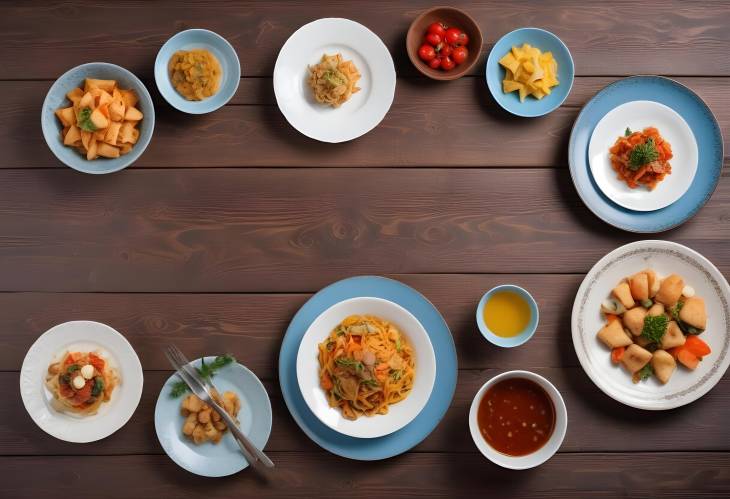 Top Down View of Food Set of Dishes on Wooden Table, Rustic Dining, Copy Space Included