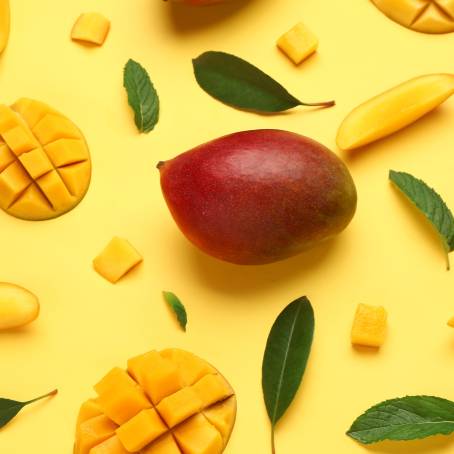 Top Down View of Fresh Yellow Mango on Clean White Background, Perfect for Fruit Photography