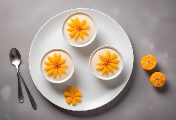 Top Down View of Panna Cotta with Mango and Orange on White Plate