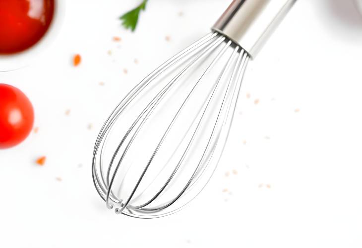 Top View of a Silver Whisk in the Kitchen