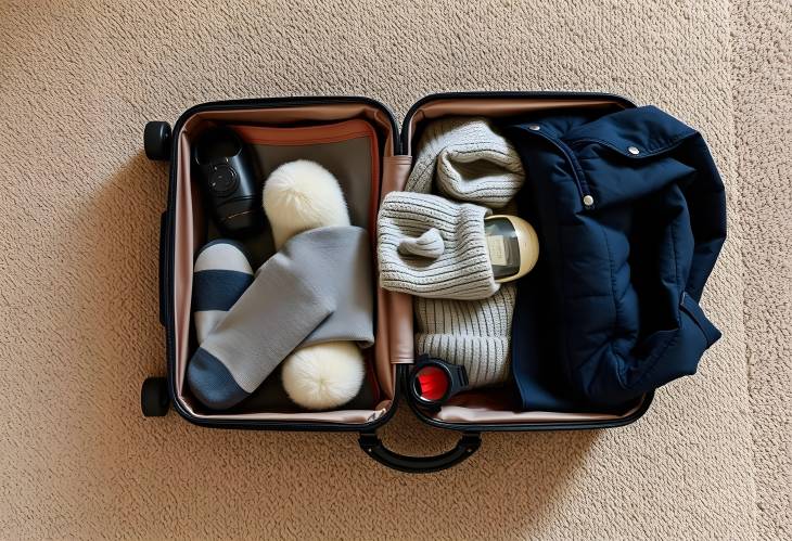 Top view of an open suitcase with winter clothes and travel gear on carpet, packed for a winter get