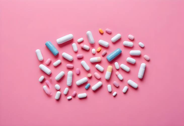 Top View of Assorted Pills and Medicine Bottles on Pink Background, CloseUp of Tablets and Capsule