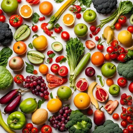 Top View of Healthy Fresh Fruits and Vegetables Studio Photography on White Background