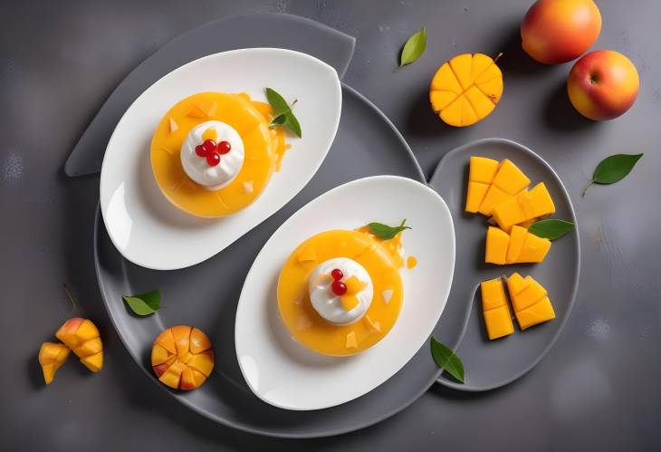 Top View of Mango and Orange Panna Cotta on White Plate