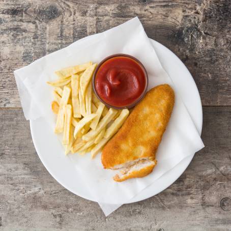 Top View of Perfectly Fried Fish and Chips on a White Plate