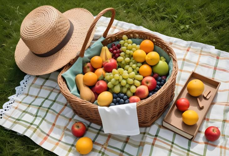 Top View of Picnic Basket with Fruits, Hat, and Books on White Checkered Tablecloth in Green Grass