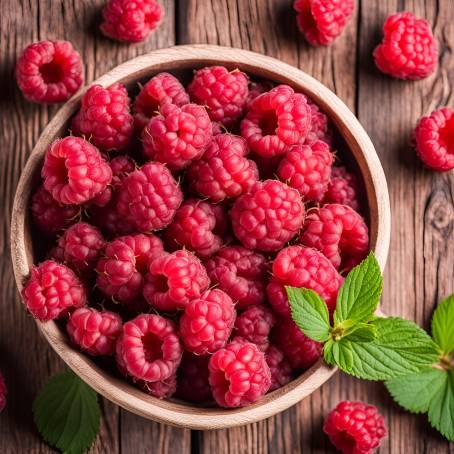 Top View of Ripe Sweet Raspberries in Bowl on Wooden Table Close p Fresh Berry Shot