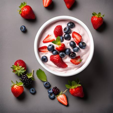 Top View of Strawberry Yogurt with Fresh Berries Healthy Food and Fruit Mix in Yogurt Bowl