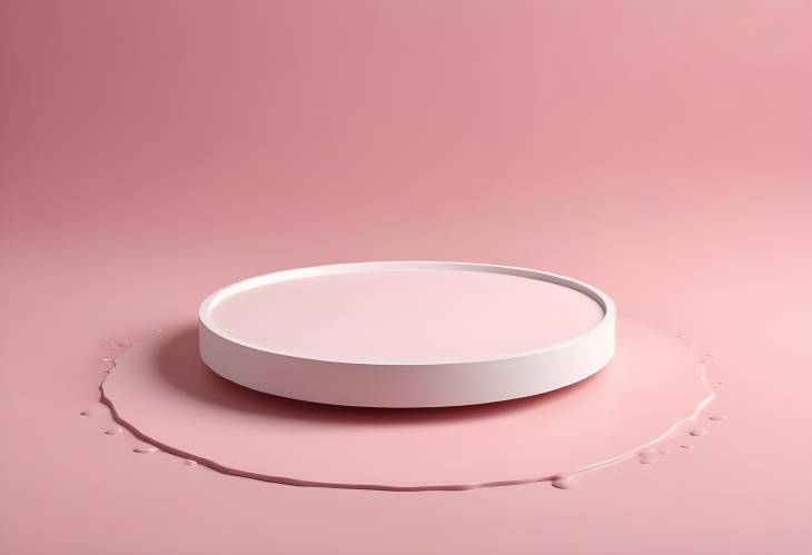 Top View of White Circular Empty Podium on Pink Background with Water Ripples  Flat Lay Cosmetic