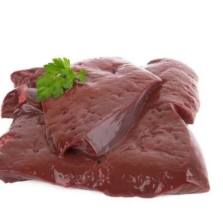 TopDown View of Raw Pork Liver Isolated and Prepared for Cooking on White Background