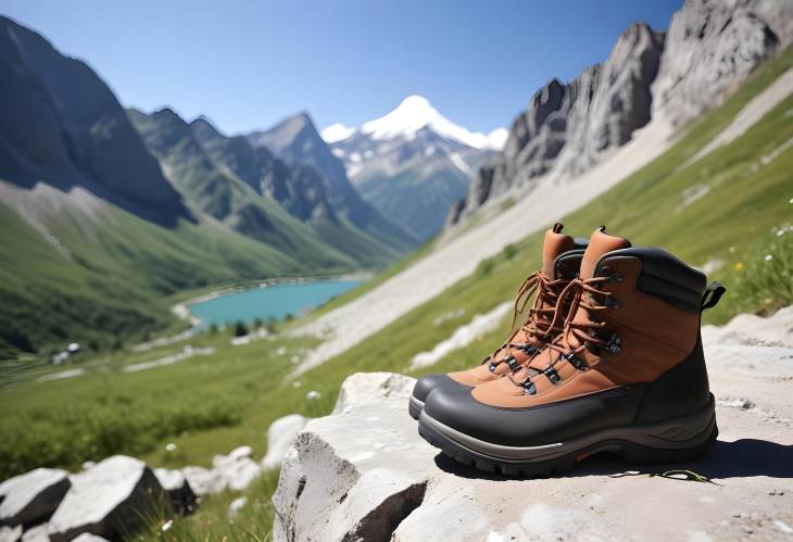 Tourist Boots on Mountain Trail in Summer Perfect for Hiking and Outdoor Adventure Photography