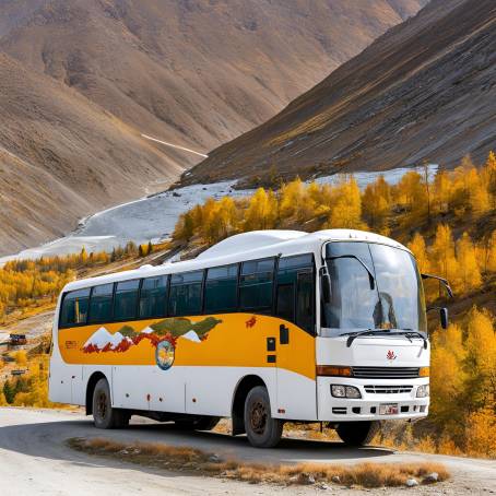 Tourist Bus Navigating Snow Covered Autumn Landscape at Khunjerab Pass Scenic Route on PakistanCh