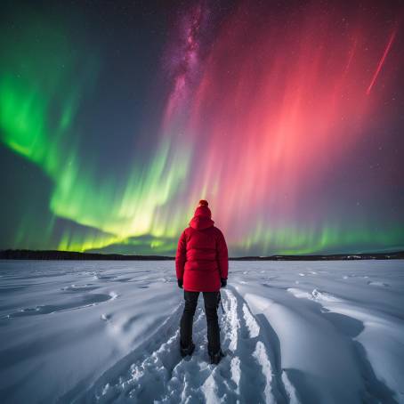 Tourist with Red Flashlight and Stunning Aurora Borealis Over Snowy Field Winter Night Landscape