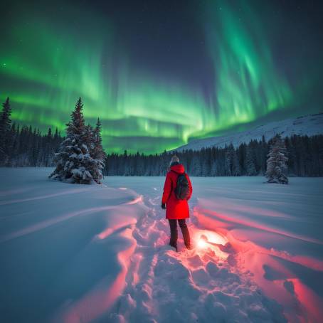 Tourist with Red Flashlight on Snowy Field Against Northern Lights and Starry Sky  Winter Wonderland