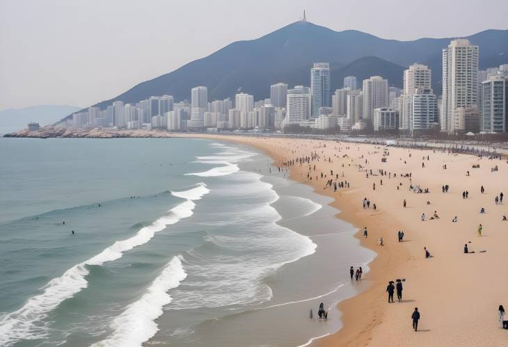 Tourists Enjoying the Scenery of Haeundae Beach in Busan