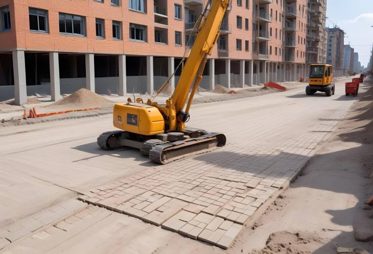 Tower Crane at Construction Site Paving Bricks for Pedestrian Paths, Screeding Sand, Concrete Bloc