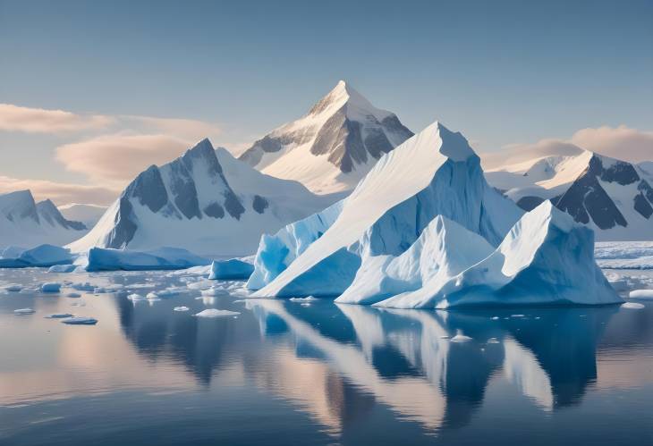 Towering Iceberg Floats in Antarctic Ocean Snow Covered Mountains and Glacier Reflected in Clear W