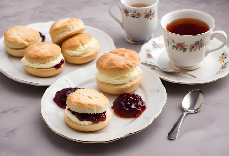 Traditional British Clotted Cream Tea Scones with Jam, Clotted Cream, and Tea