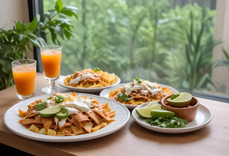 Traditional Chilaquiles with Chicken, Beans, and Cheese Accompanied by a Drink, Featuring Natural