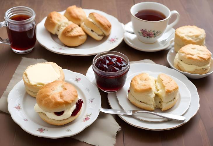 Traditional Clotted Cream Tea Scones with Jam and Cream Accompanied by Tea