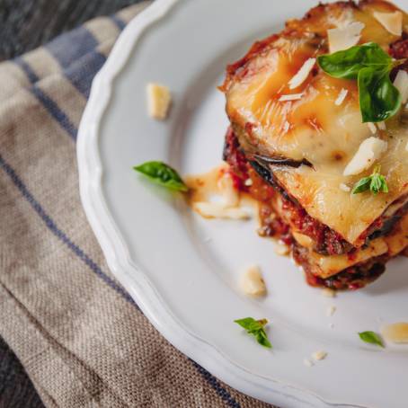 Traditional Parmigiana di Melanzane Baked Eggplant, Italian Cuisine, Sicily Dish with Cheese