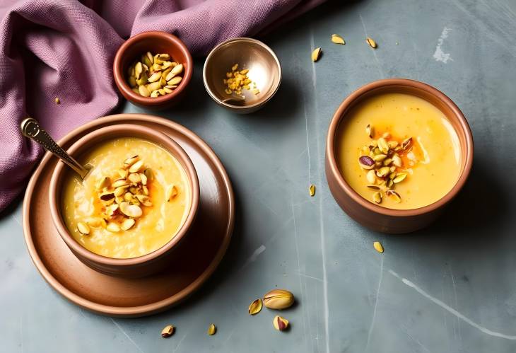 Traditional Rice Pudding with Saffron and Pistachios on Elegant Plate