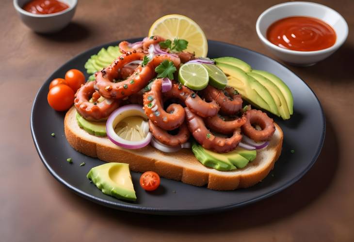 Traditional Toast with Octopus, Avocado, Tomato, Onion, and Lemon