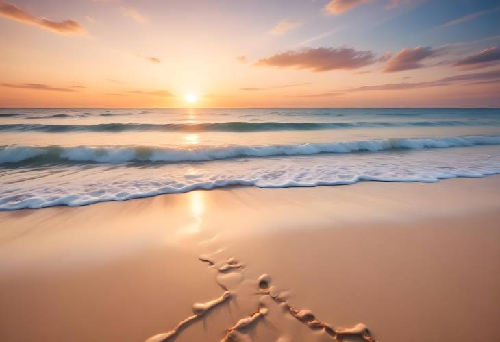 Tranquil Beach Sunset with Sparkling Ocean and Sand