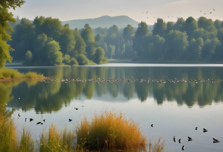 Tranquil Birds and Serene Lake A Scenic View