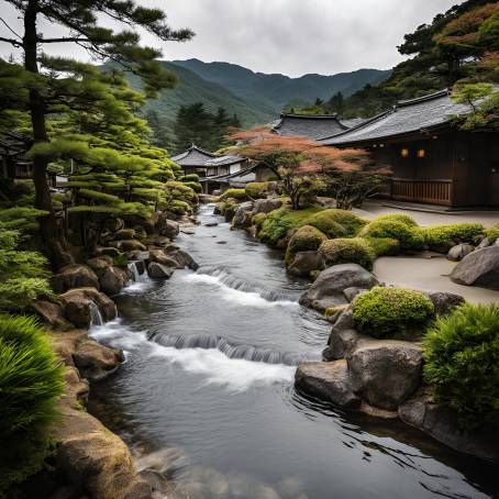 Tranquil Flow of Water at a Japanese Onsen Hot Spring