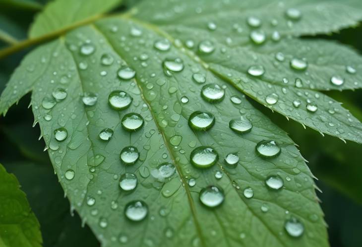 Tranquil Green Leaf with Morning Dew Natures Summer Macro Scene